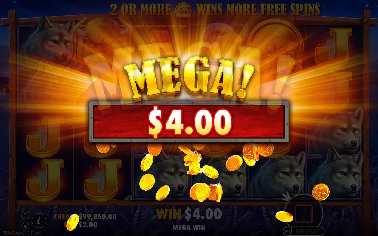 Gain Mega de 4,00$ avec pièces d'or tombant sur des loups