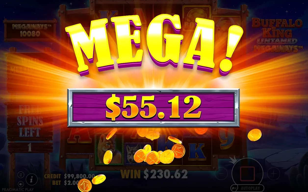 Bannière MEGA dorée affichant un gain de 55,12 $ sur fond nocturne enflammé